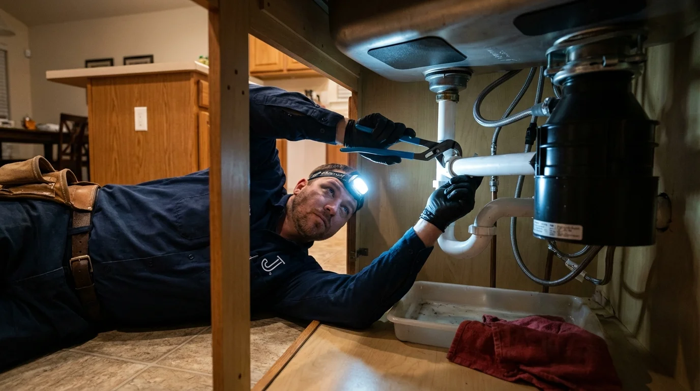 P-trap and supply line connections under a kitchen sink showing a common leak point in Mantachie, MS